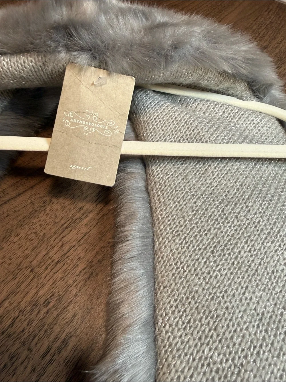 Anthropologie Grey Faux Fur Knit Stole Collar Scarf Metallic Backing